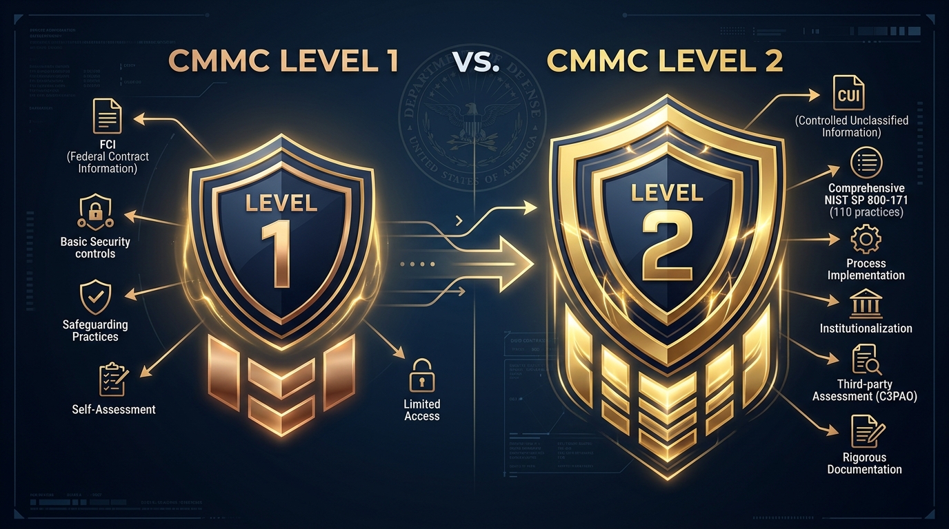 CMMC Level 2 vs Level 1: Key Differences for DoD Contractors 2026